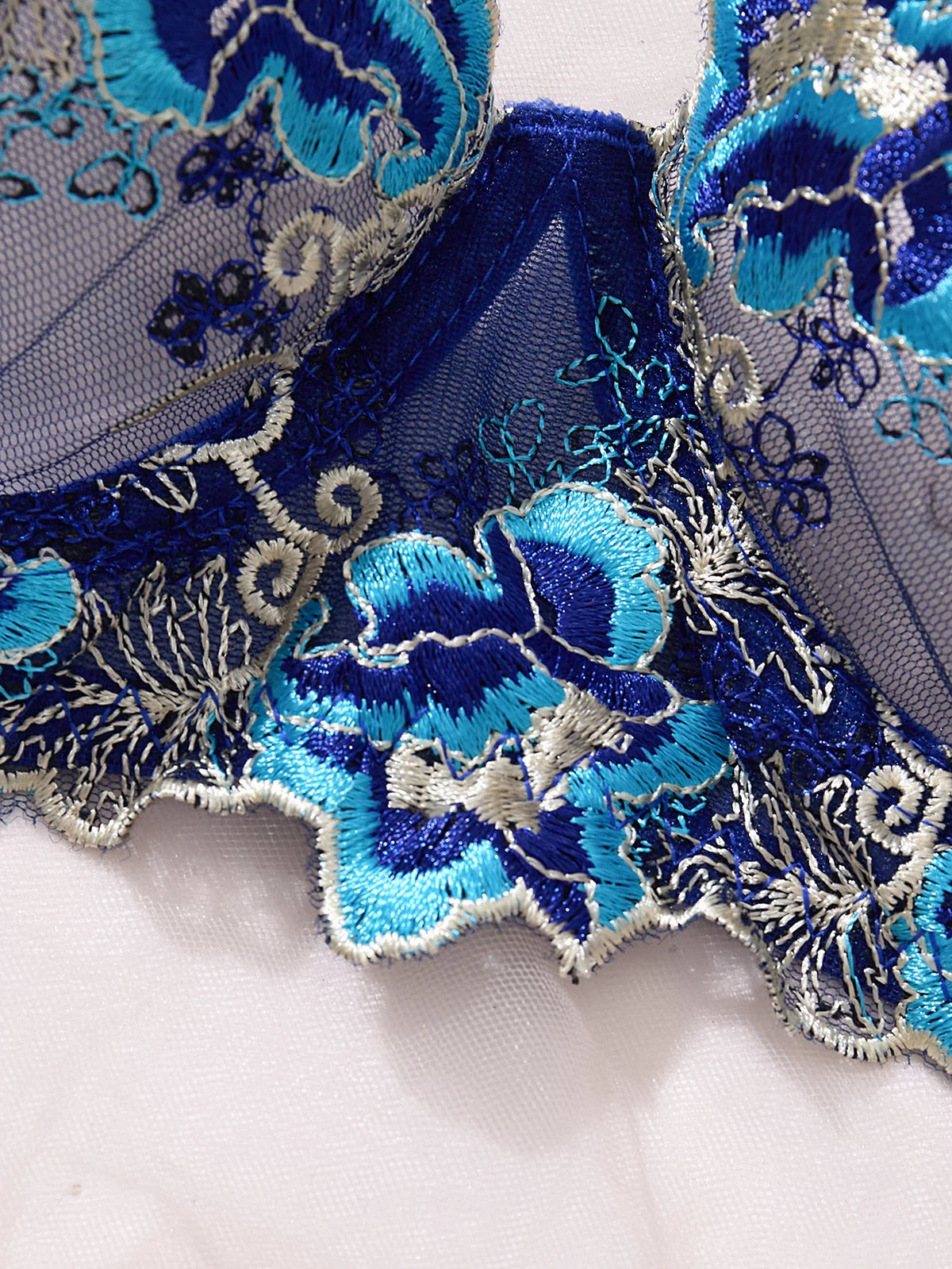 Royal Blue Floral Embroidery Satin Mesh Lingerie Set Underwire Bra With Matching Thong Women Sexy Intimates ZA825146