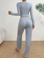 Y2K Ribbed Knit Loungewear Set for Women Long Sleeve V Neck Button Top and Pants Pajamas Two Piece Sleepwear with Lace Trim New