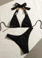 Luxury Rhinestone Bikini Set 2026 Sexy Black Diamond Halter Push Up Bra Metal Chain Thong Swimwear Beach Bathing Suit Swimsuit