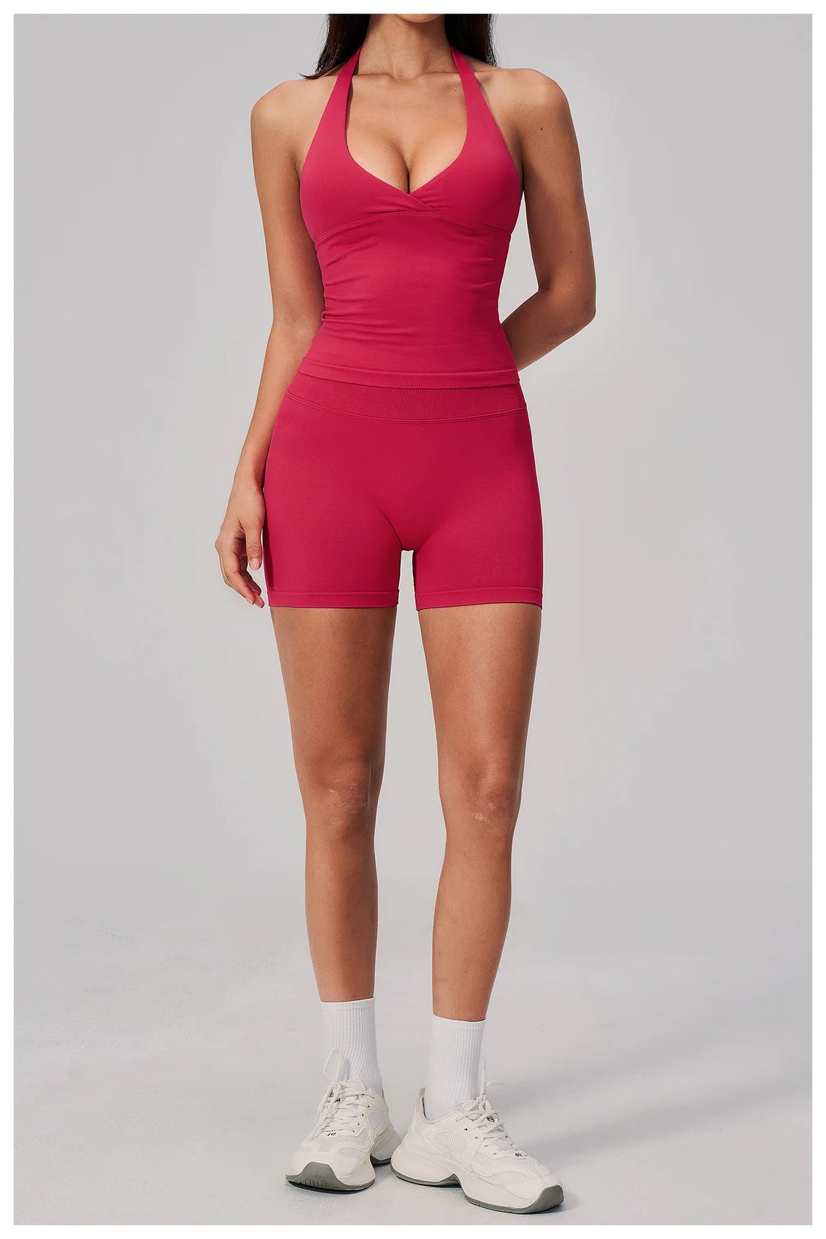 New Seamless Yoga Thread Set Women Hanging Neck V Neck Slim Sports Tank Top Hip Lifting Abdominal Tightening Shorts Fitness Suit