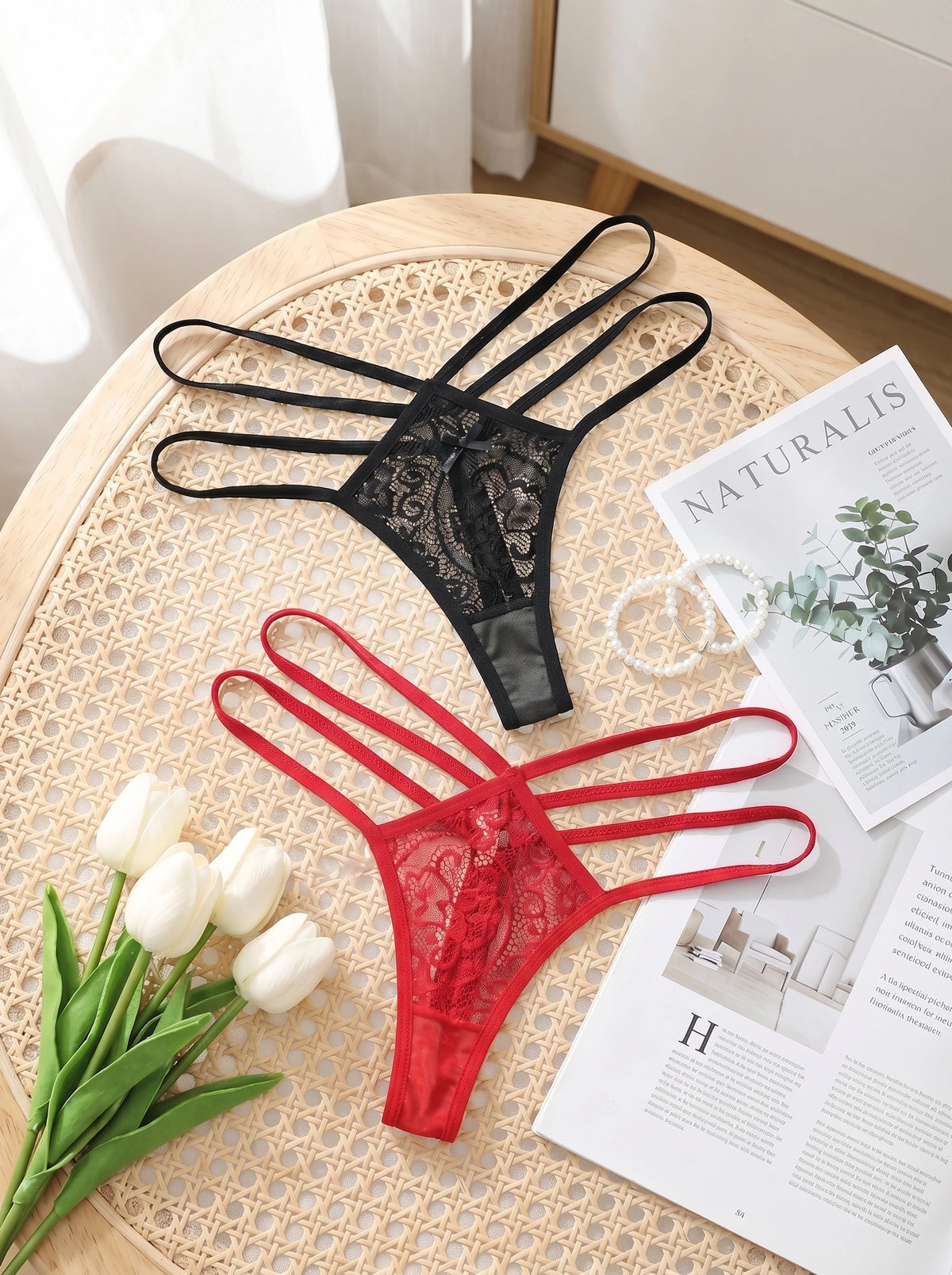 New 2 pcs Ladies' New Lace Sexy Black And Red Hollow cross Sexy Set Thong Underwear Sexy thong C878