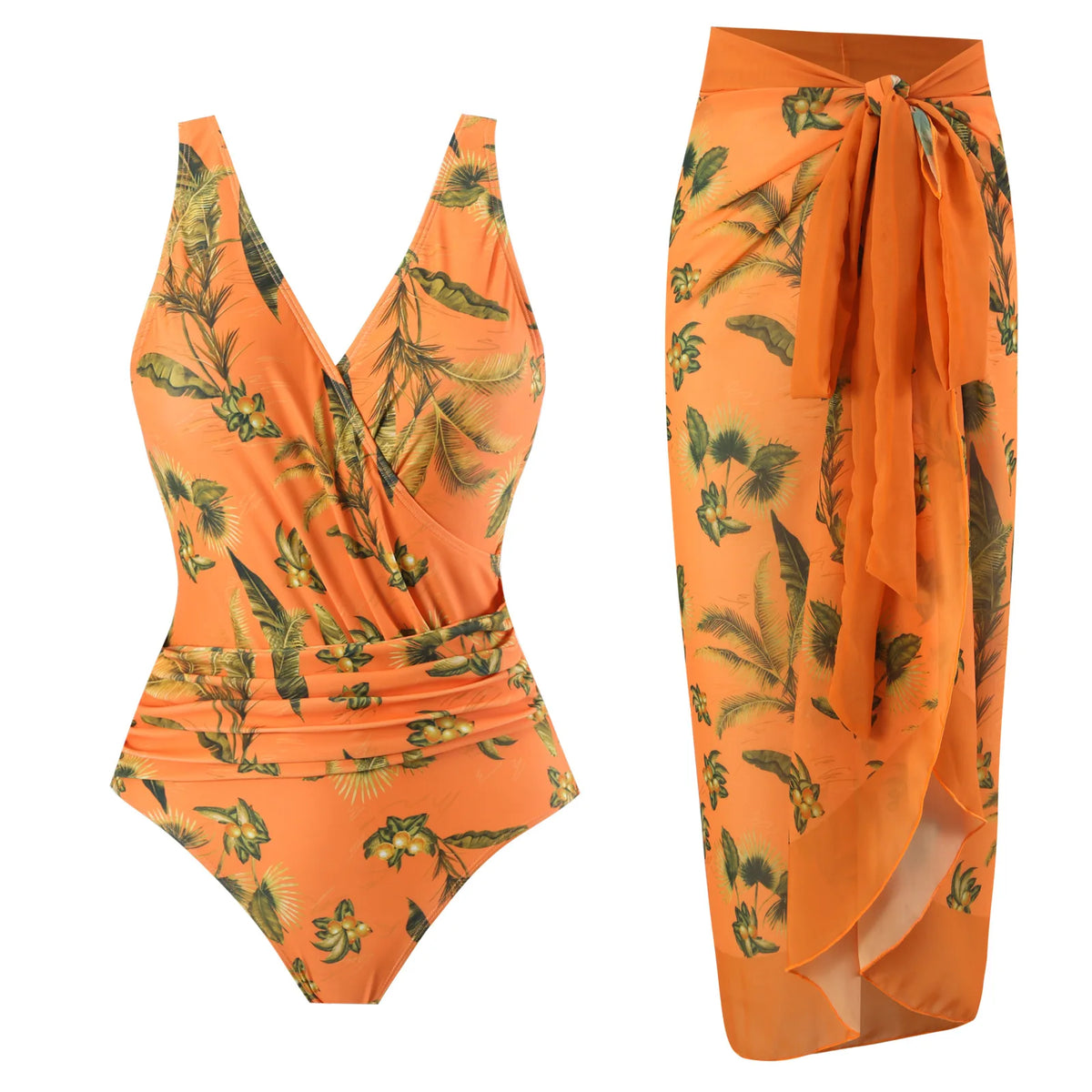 2 Pieces Retro Printed Swimsuit With Cover Up Sexy Women Swimwear 2025 V Neck Bikinis Female Biquini 3XL Bodysuit Beachwear