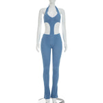 Sexy hot girl solid color see-through slim fit knitted deep V jumpsuit