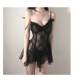 Sexy Lingerie Black Lace Short Nightdress Women Perspective Underwear Suspender Slim Dress Lolita Exotic Costume For Sex Suit