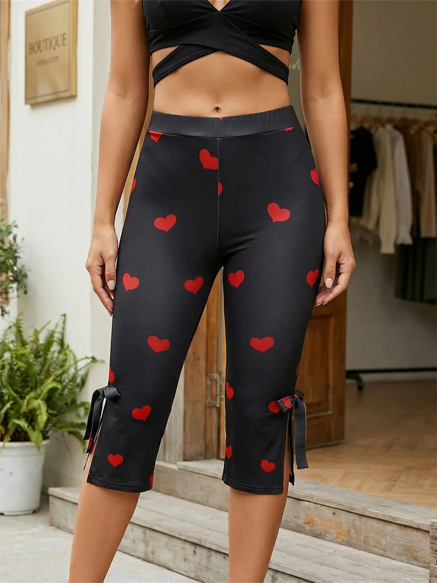 Summer Women Capri Pants with Bows Mid Rise Skinny Side Split Hem Pants Casual Jogging Leggings for Office Daily Street Wear