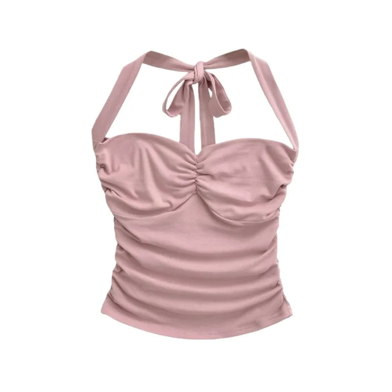 New Women's Fashion Sexy Backless Halter Neck Tie-up Ruched Tube Top Ultra-short Camisole Top In Solid Color Pure Desire F1MR
