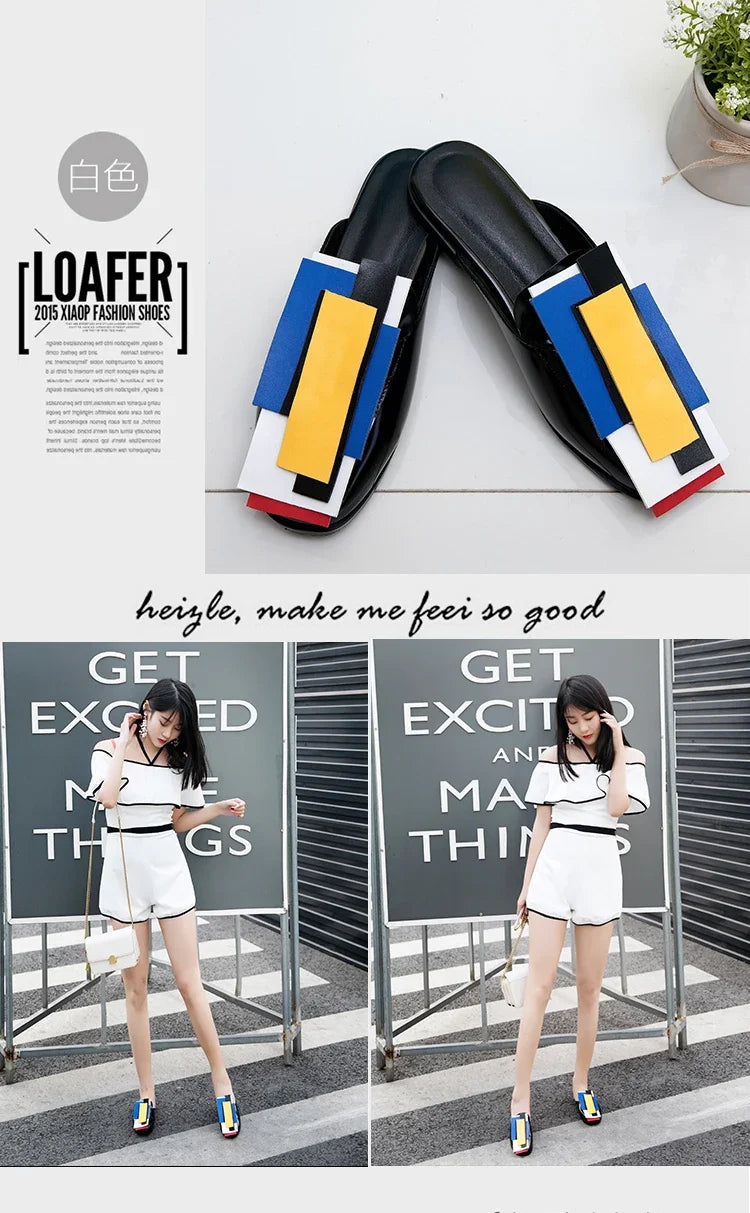 Summer Women Slipper High Block Heels Mules Party Club Ladies Mixed Color White Outdoor Slip-on Square Toe Shoes