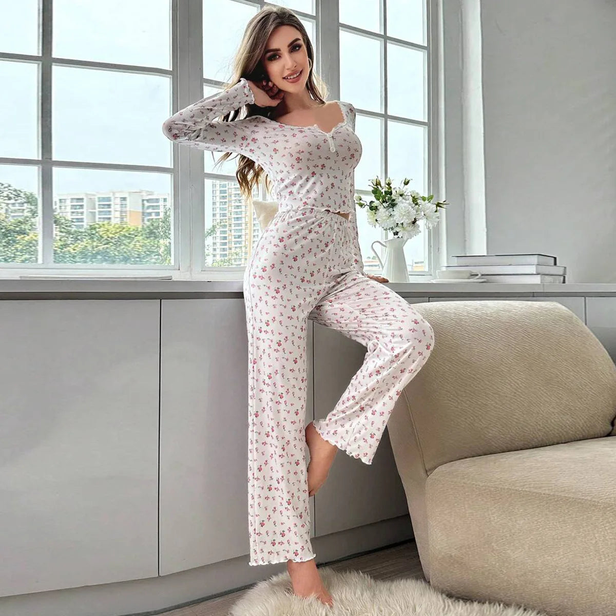 Sleepwear Women Floral Print Lettuce Trim Top with Long Pant Lovely Loungewear Full Sleeve Nightwear Spring Autumn Pajamas Set