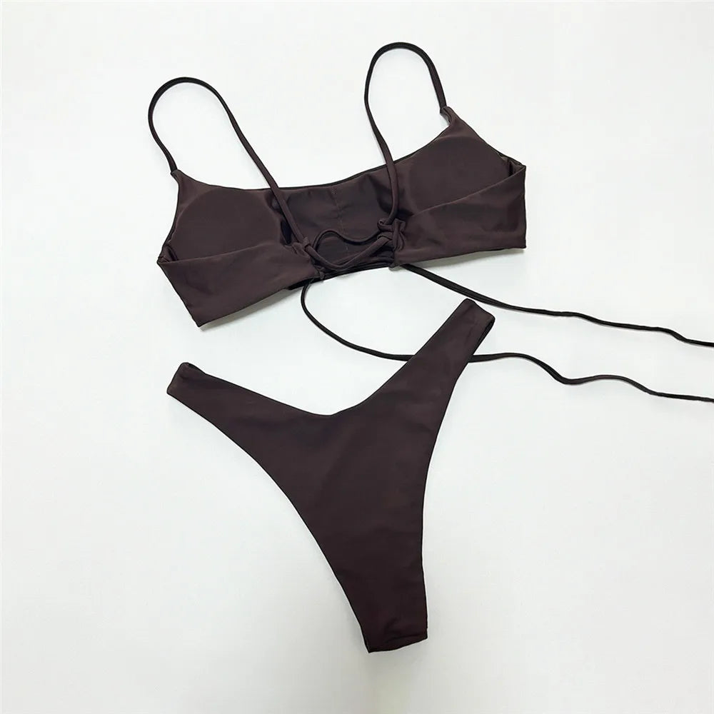Brown Bandeau Micro Bikini Set Back String Lace-up Sexy Swimsuit Solid Swimwears Woman 2026 High Cut Bathing Suit Bikinis Femmes