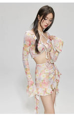 Bikinis Set Swimsuit Women Sweet Floral Prints Summer Girlish Sexy Ruffles Korean Style High Waist Swimwear Fashion Beach Wear