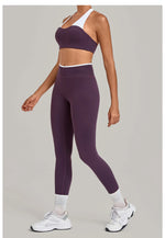 2 Pieces Color-block Yoga Sets WomenHanging Neck Sports Bra High Waist Pants Built-in Pockets Outdoor Fitness Workout Suit