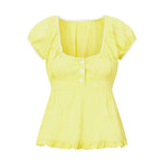 Summer Women Short Sleeve T-shirt Solid Color Low-necked Pleated Hem Casual Tops Y2K Retro Shirts