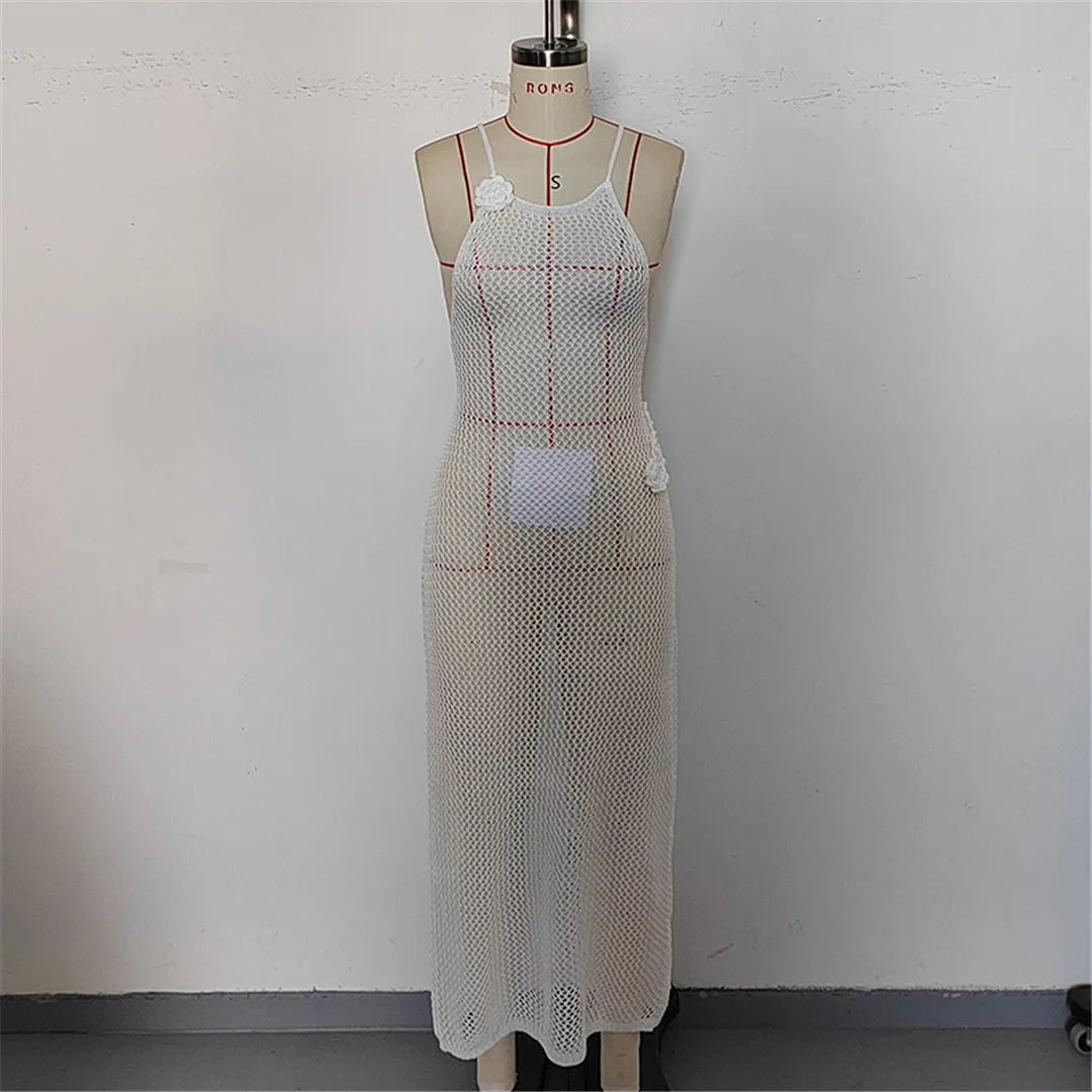 3D Flowers Hollow Out Backless Crochet Knit Tunic Beach Cover Up Cover-ups Beach Dress Beach Wear Beachwear Female Women K6561