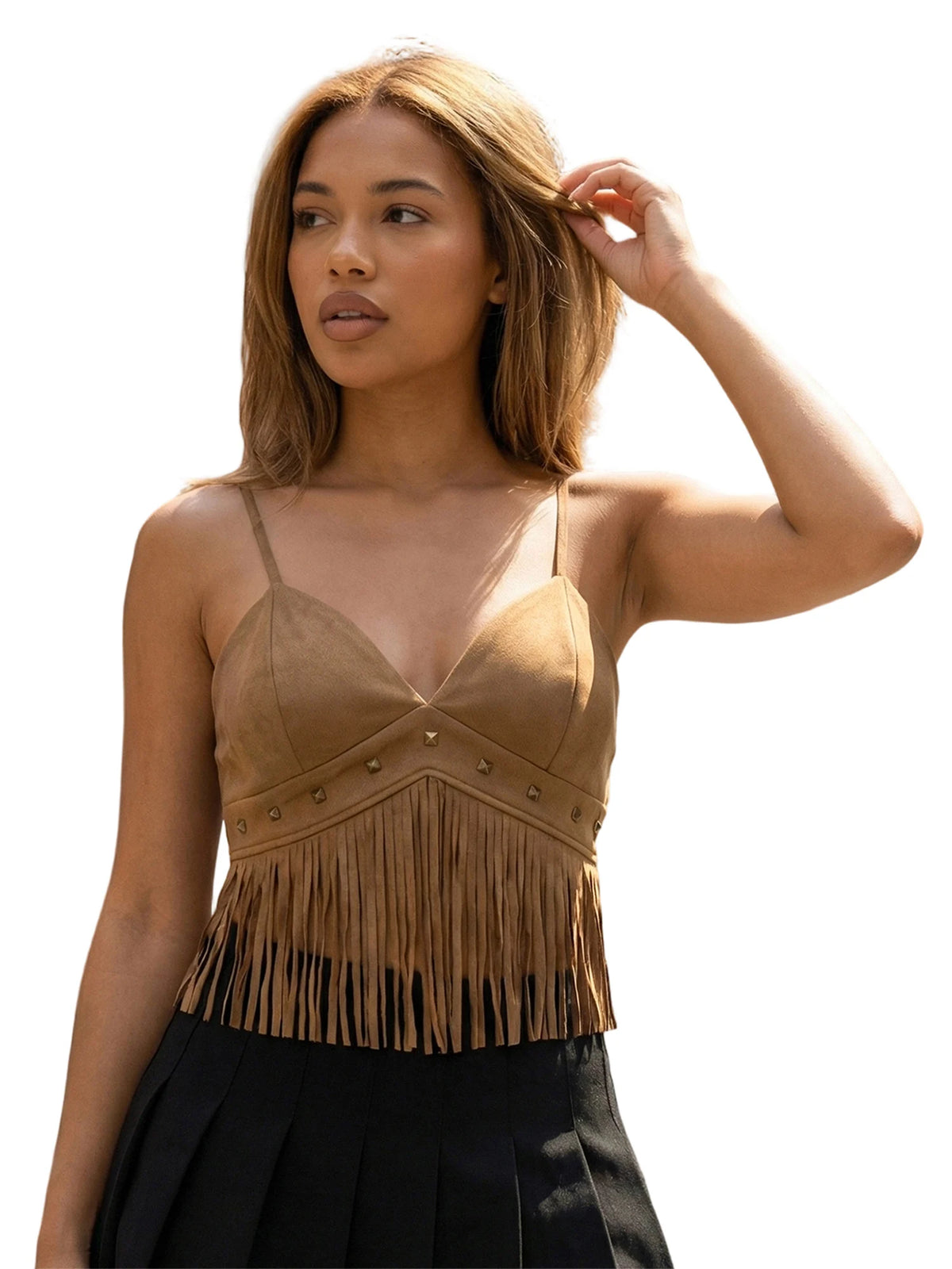 Summer Women's Tassel Corset Tops Retro Cowboy Stylish Sleeveless V Neck Vest Spaghetti Strap Tank Top for Party Street