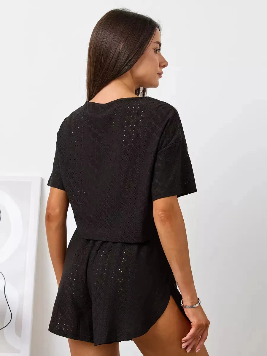 2025 New Womens Hollow Out Eyelet Two Piece Shorts Set Short Sleeve Crop Top Side Slit Shorts Summer Casual Loungewear Tracksuit