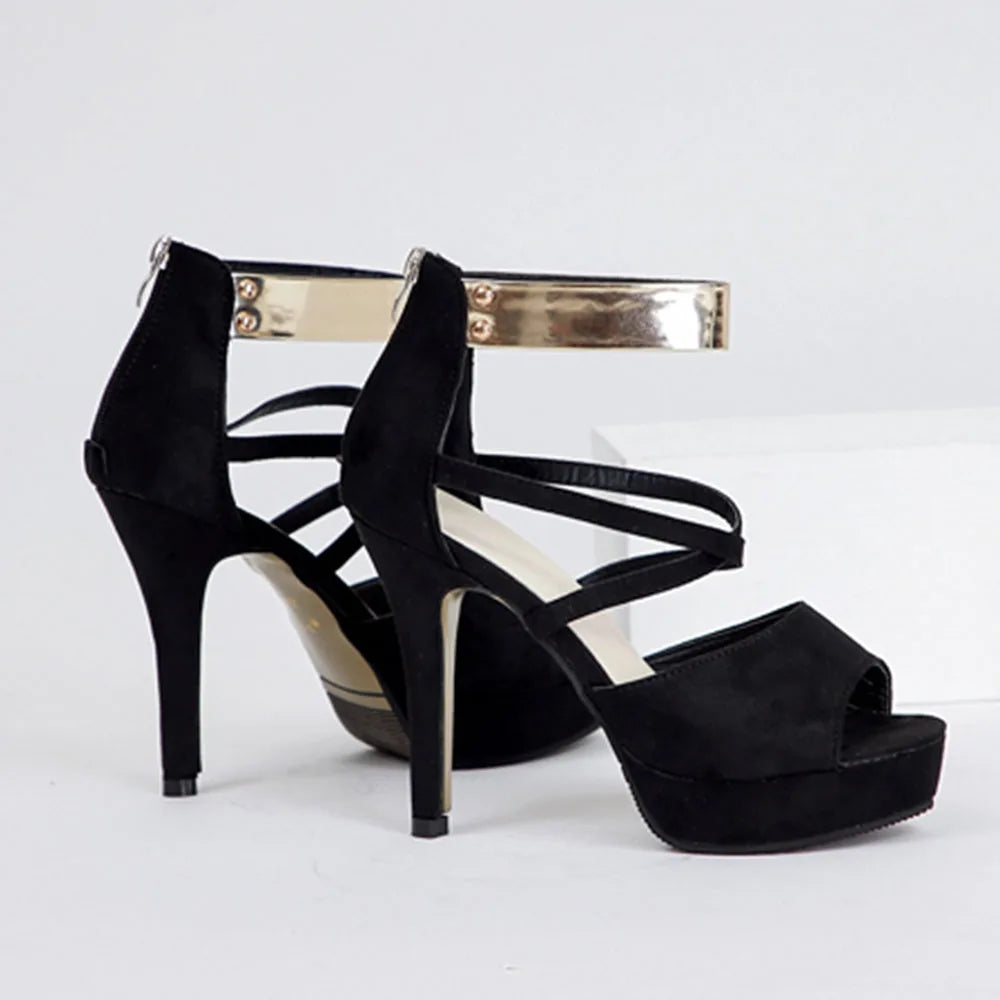 Women's Sexy Peep Toe Platform 12cm High Heel Sandals with Gold Metal Classic Ankle Strap Crisscross Stiletto Heel Party Shoes