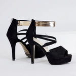 Women's Sexy Peep Toe Platform 12cm High Heel Sandals with Gold Metal Classic Ankle Strap Crisscross Stiletto Heel Party Shoes