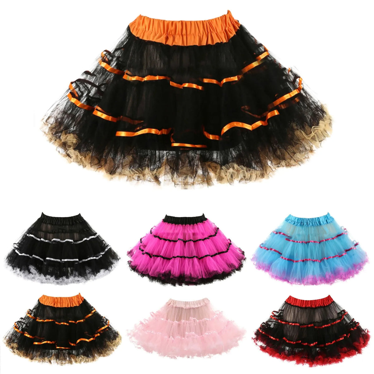 Women's Color Block Ruffled Tulle Skirts Multiple Layers Elastic High Waisted Tutu Skirt Fluffy Halloween Carnival Party Skirts