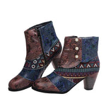Ankle Boots Women Autumn PU Women's Shoes Ethnic Waterproof Casual Vintage Shoes Zipper High Heel Short Boots Botas Mujer