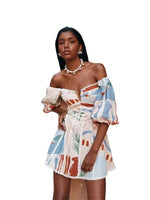 Women Vintage Print Patchwork Mini Dress Summer Sexy Fashion Elegant Short Sleeve Bodycon Off Shoulder Backless Party Dresses