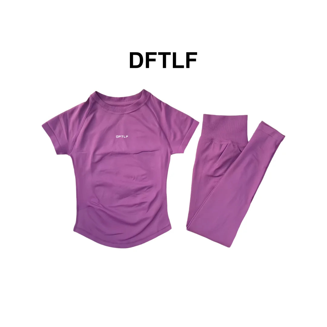 DFTLF 2 Pieces Women Yoga Set Slim Short Sleeve Top High Waist Leggings Seamless Workout Gym Fitness Quick Dry Sportswear Suit