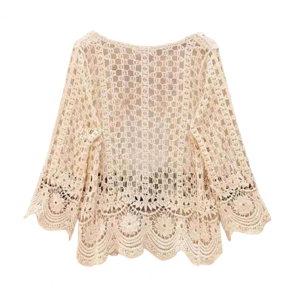 3/4 Sleeve Hollow Out Open Front Sheer Sweater Crochet Cardigan for Women Lightweight Boho Summer Beach Knit Shrug