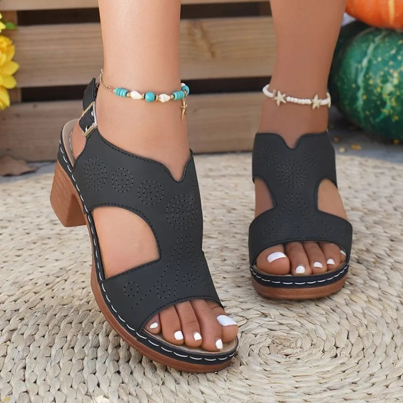 Women's Fashion Chunky Heel Sandals Buckle Strap Casual Summer Shoes Woman Comfort Thick Heeled