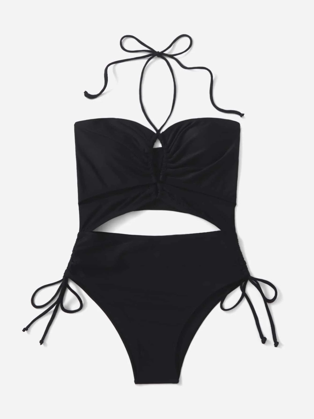 2026 Drawstring Swimsuit Solid Cut Out Knot Halter One Piece Swimwear Women Padded Bathing Suit Female Swimming Summer Beachwear