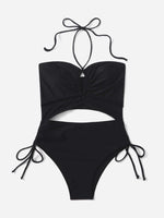 2026 Drawstring Swimsuit Solid Cut Out Knot Halter One Piece Swimwear Women Padded Bathing Suit Female Swimming Summer Beachwear