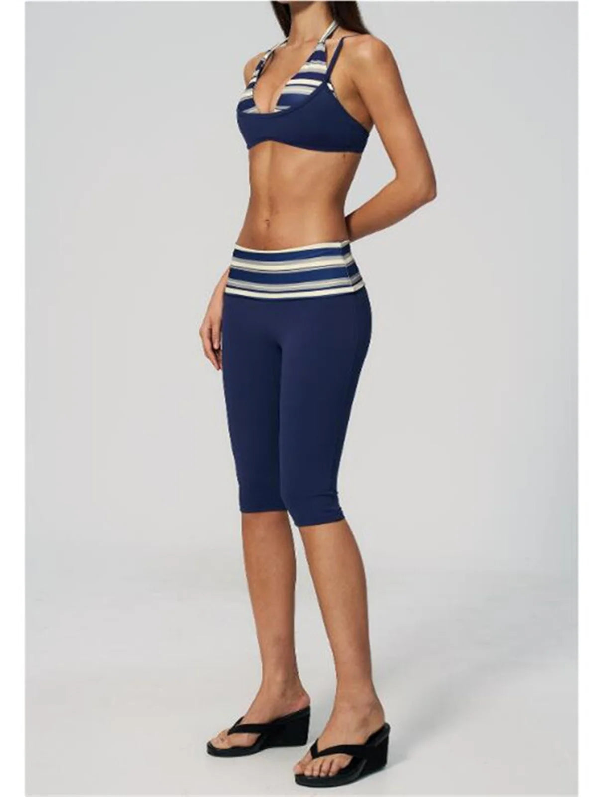 Summer Polka Dot Yoga Sets Women Hanging Neck Shockproof Sports Bra Fitness Suit Folding High Waist Mid Pants Gym Tracksuit
