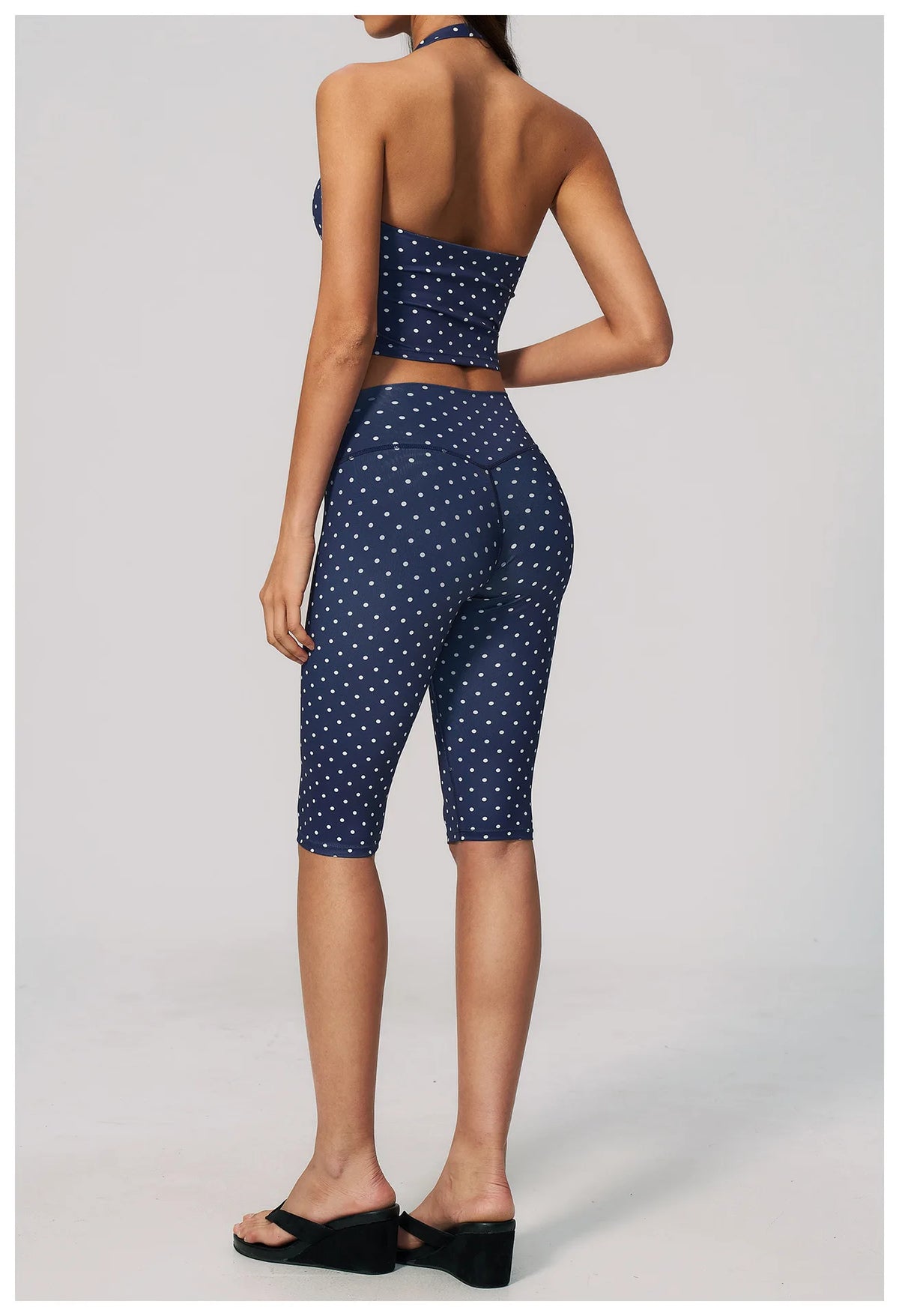 New Summer Women White Polka Dot Print Yoga Sets Hanging Neck Slim Sport Vest High Waist Mid Pants Gym Two-piece Workout Clothes
