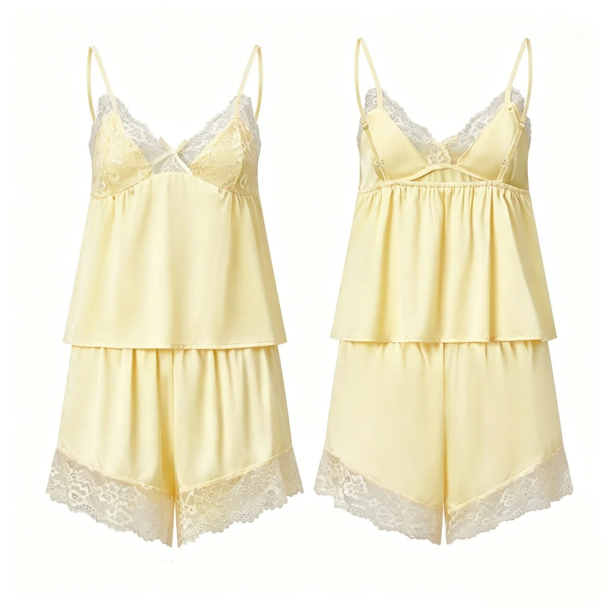 Women Satin Lace Trim Pajamas Sets Spaghetti Strap Camisole Tops and Shorts 2 Piece Set Loose Casual Lounge Wear Summer