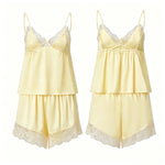 Women Satin Lace Trim Pajamas Sets Spaghetti Strap Camisole Tops and Shorts 2 Piece Set Loose Casual Lounge Wear Summer