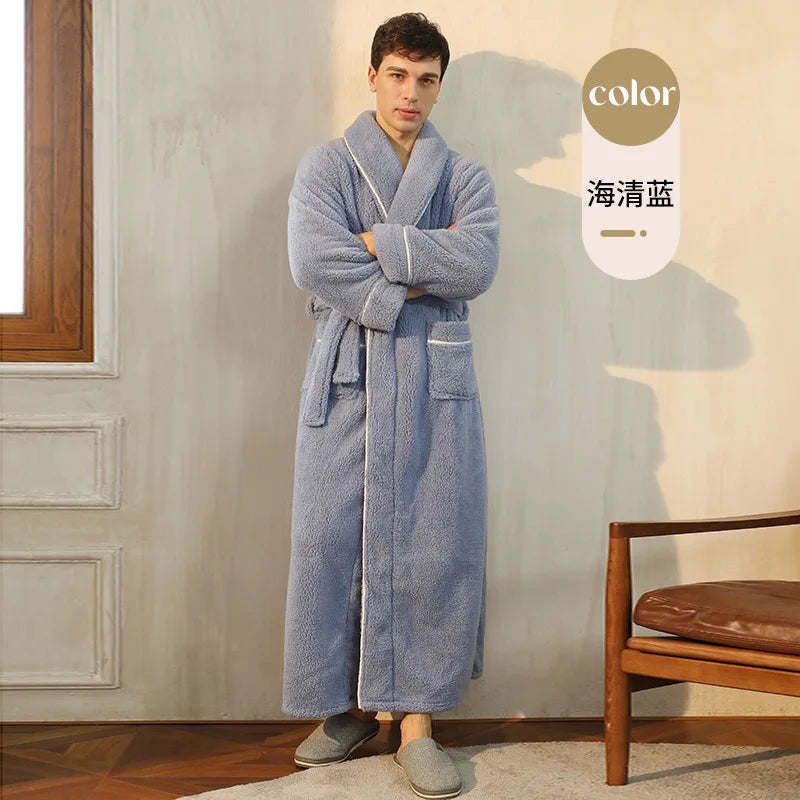 Autumn Winter Flannel Plus Size Robe Pajamas Thick Cozy Fleece Couple Bathrobe, Men Women Long Warm Loungewear,