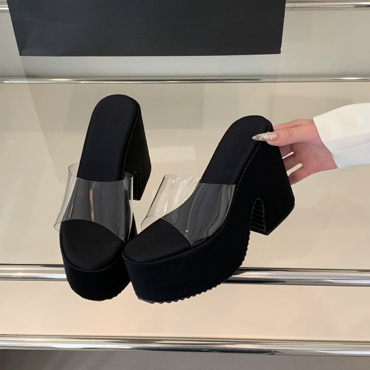 Summers Chunky Women Slippers Fashion Elegant PVC Transparent Platform Wedges Heel Slides Ladies Casual Outdoor Beach Sandalias