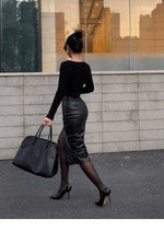 Sexy One Step Split PU Leather Half Skirt For Women's New High Waisted Slim Streetwear Black PU Fashion Womne Mini DressYTM8