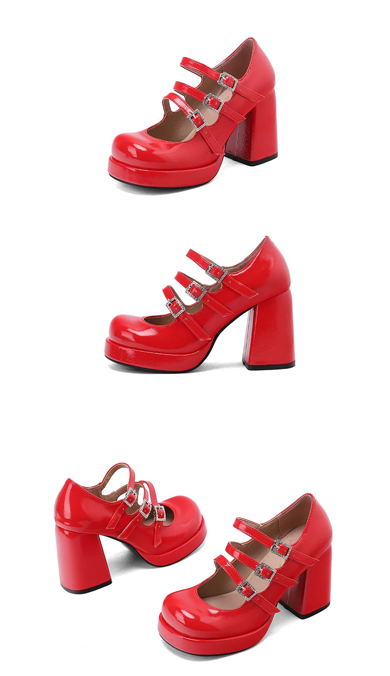 Plus Size Women Red Patent Leather Platform Mary Jane Shoes 3 Rhinestone Buckle Straps Chunky BlockY2K Lolita Party Pumps