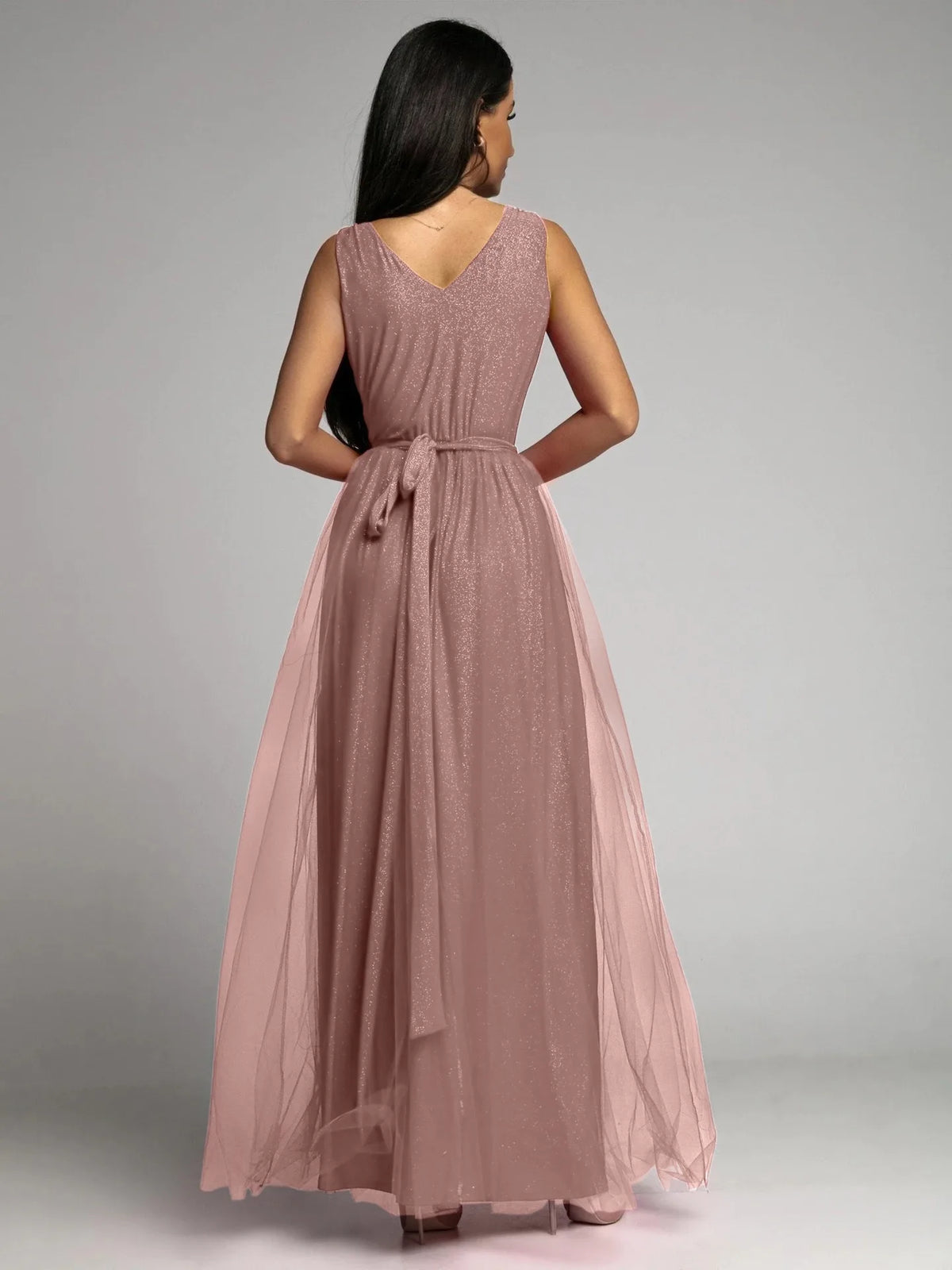 Elegant Solid Color Fine Sparkle Party Dresses Women Temperament V-neck Leace-up Mesh Slit Long Dress Evening Vestidos Female