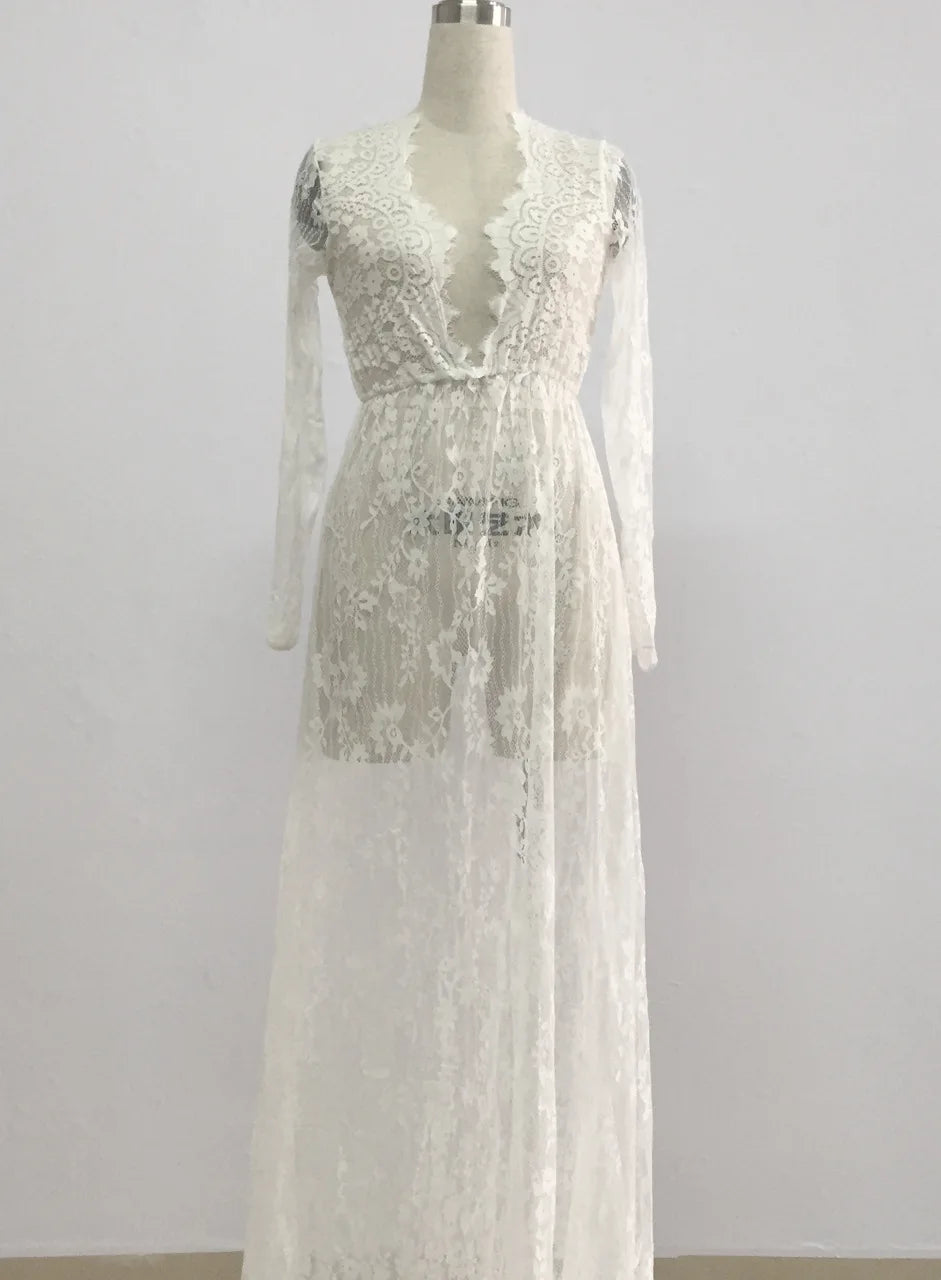 Sexy See Through Lace Long Dresses For Women Deep V-neck Solid Color Maxi Dress Fashion Streetwear Party Night Club Vestidos New