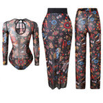 S - XXL 3PCS New Printed Long Sleeve With Pants Sarong Women Swimwear One Piece Swimsuit Female Bather Bathing Suit Swim K7180