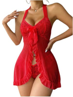 Women Lace See through Slips Sexy Lingerie Dress Underwear Erotic Babydolls with Thongs Ruffles & Bow Decor Set