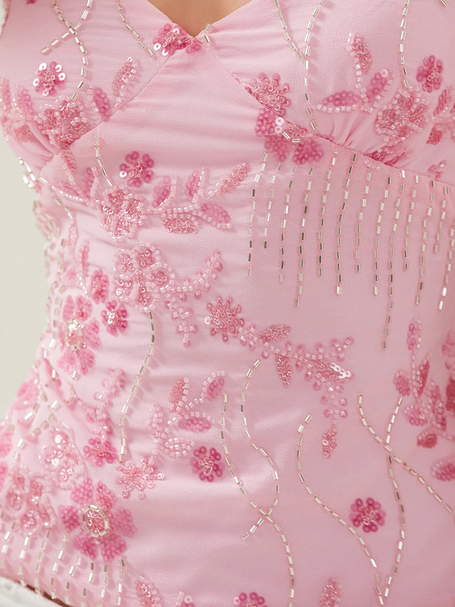 Fashion Chiffon Sleeveless Backless Tops Sexy Deep V-neck Beading Sequin Flower Summer Back Bandage Vest Women Camisole
