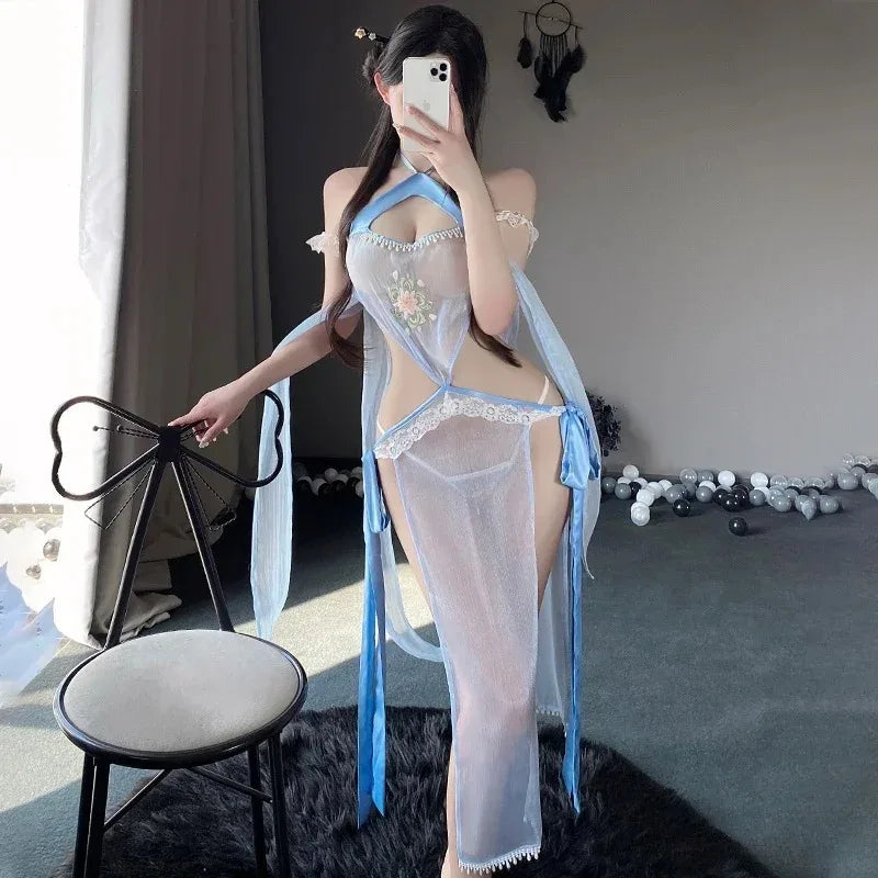 Porn Women Sexy Lingerie Cat Cosplay Costumes Black Shiny Halter Hollow Top with Dress Nightgowns Role Play Erotic Dress