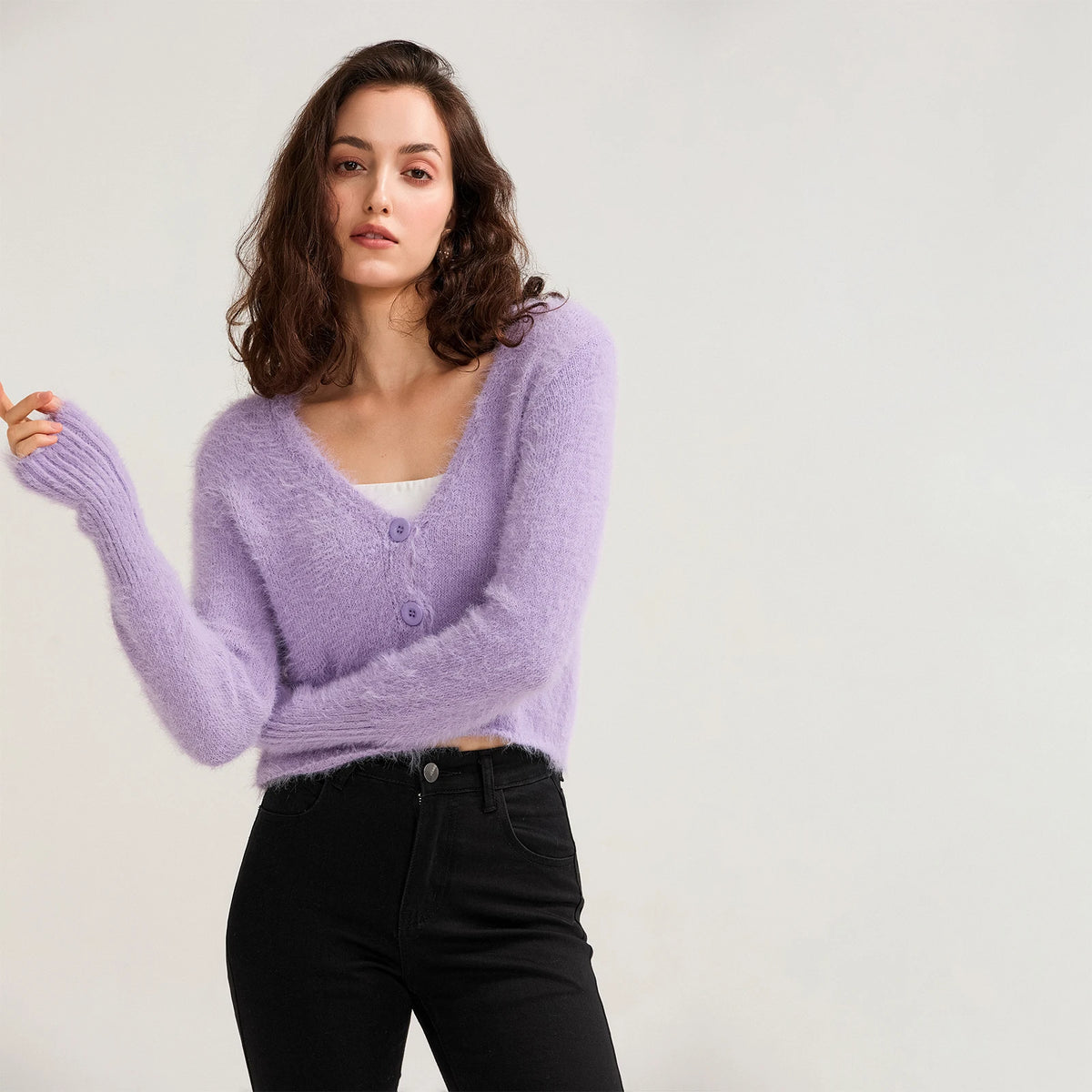 Fall Winter Women Button Down Cropped Knit Cardigan Solid Color Knitwear Fuzzy Long Sleeve V-Neck Loose Sweater
