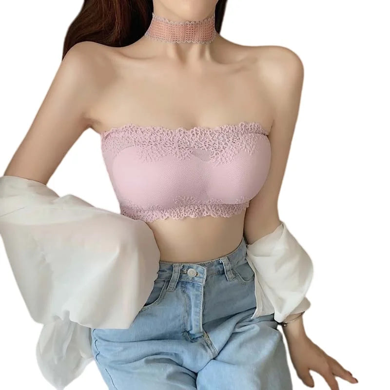 Women Floral Lace Tube Top Wireless Bra Sexy Lingerie Strapless Bralette Solid Color Crop Top Female Padded Bandeau Padded Bra