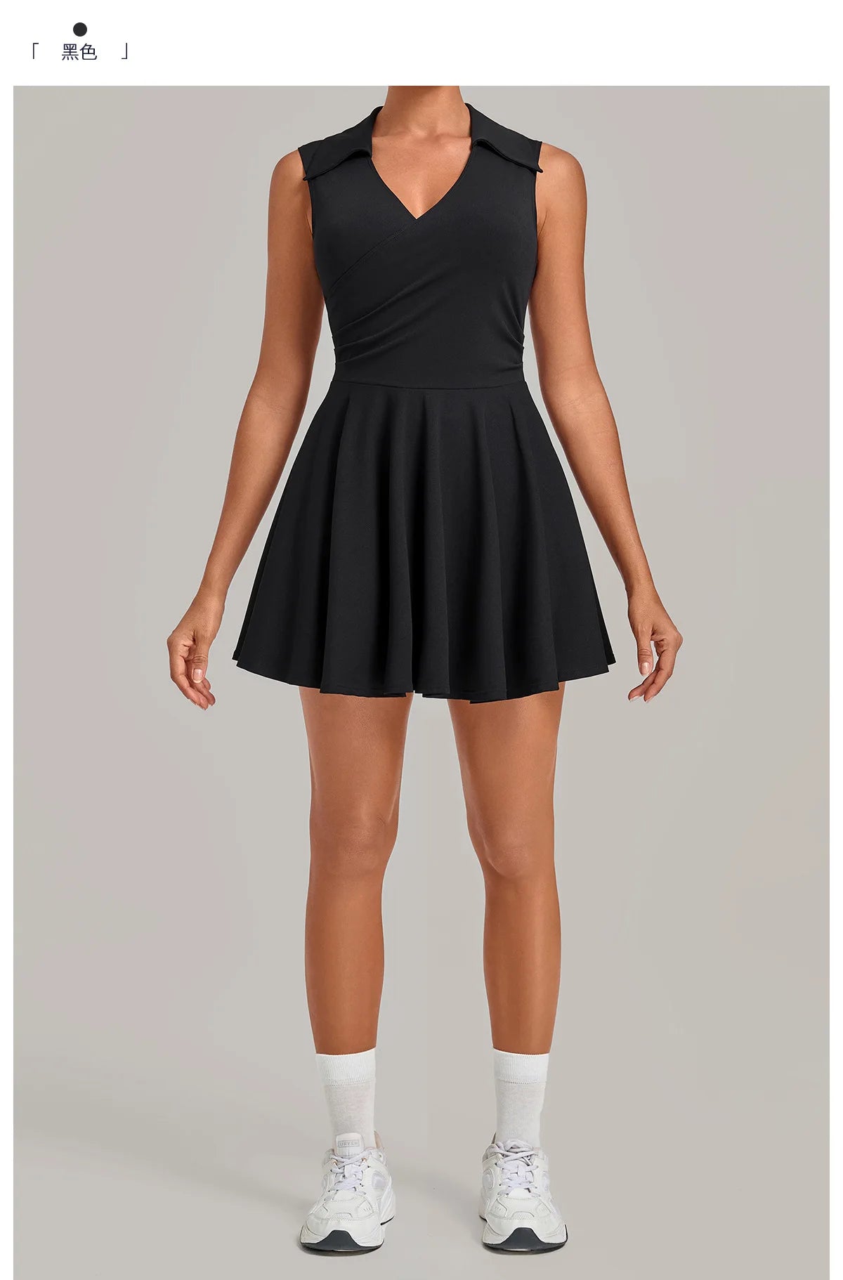 Summer Women Solid Tennis Dresses Sleeveless Turn Down Collar Pleated Skirts with Detachable Pocket Shorts Slim Yoga Golf Dress