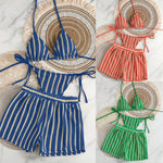 New Retro 3 Pieces Knitted Mesh String Bikini Set Swimsuit Women Blue Striped Swimwear with Shorts Beach Wear Boho Bathing Suit