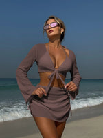 Summer 4 Piece Bikini Set 2025 Women Sexy Black Long Sleeve Cover Up and Skirt Swimsuit Beach Bathing Suit Holiday Swimwear