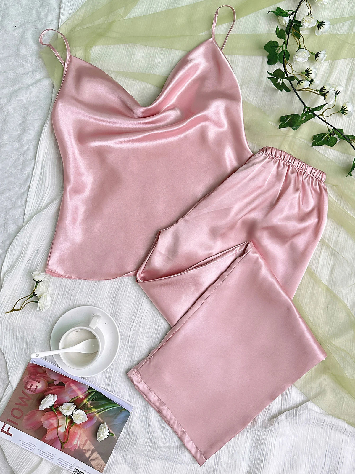 Solid Satin Pajama Set Draped Collar Cami Top Elastic Waistband Pants Women's Sleepwear Loungewear