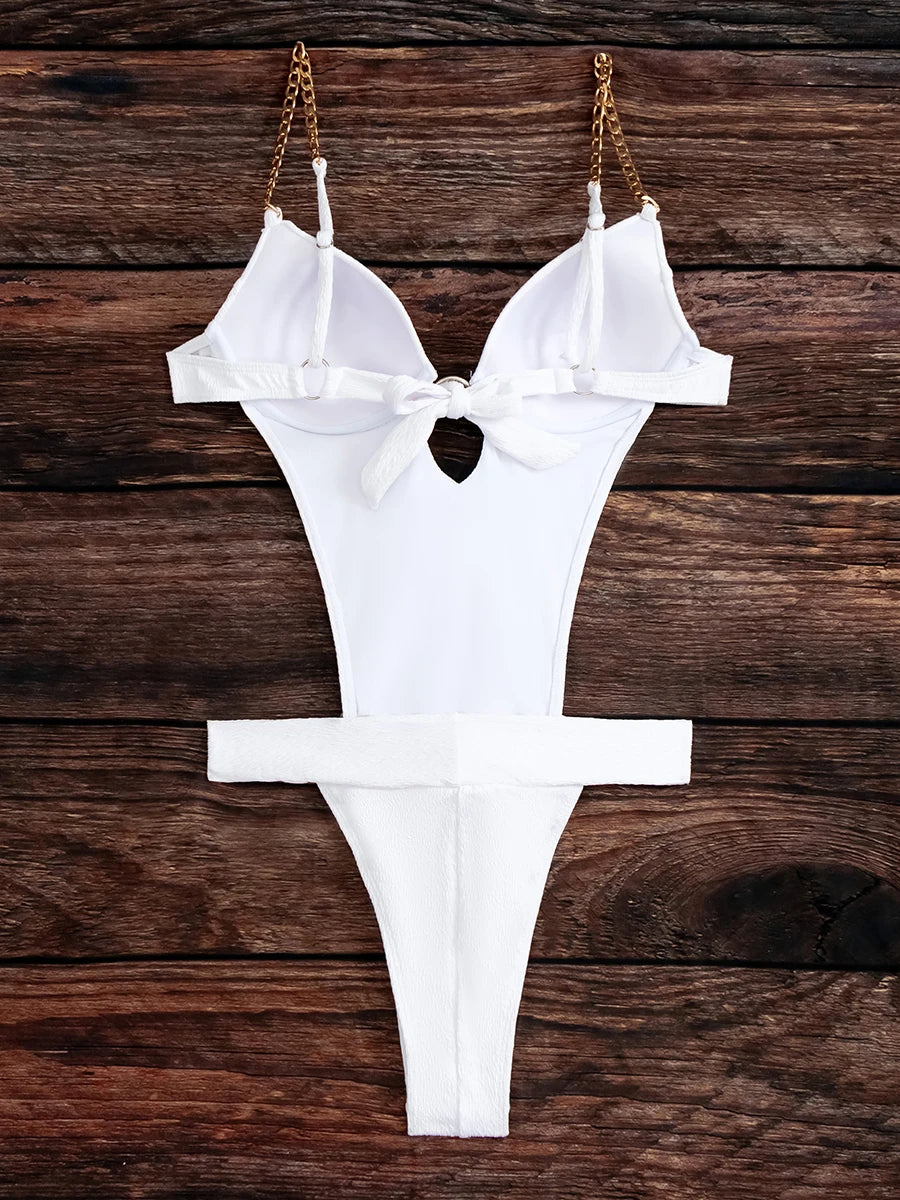 2026 Cut Out Chain Link Swimsuit One Piece Solid Monokini Swimwear Women Push Up Bathing Swimming Swim Suit Female Beach Wear